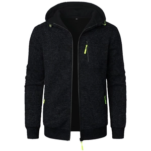 Detail of men's hooded jacket featuring neon green zippers and heather knit texture