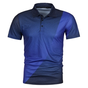Detail of blue polo shirt with 3D geometric pattern and three-button placket design