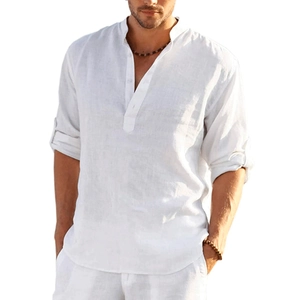 Men's loose white linen long sleeve henley shirt with mandarin collar and roll-up sleeves