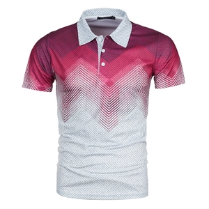 Detailed view of red and white gradient polo shirt with geometric textured print