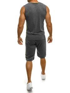 Rear view of men's dark grey sports set with tank top and shorts and green details
