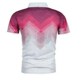 Detail of burgundy white gradient men's polo back with geometric wave texture fabric