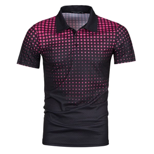 Detail of men's polo shirt featuring a black fabric with pink gradient polka dot pattern