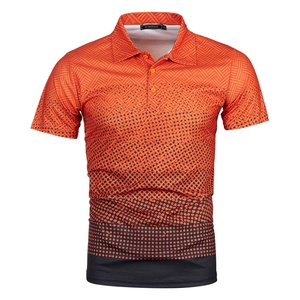 Close-up of men's polo shirt featuring an orange and black gradient geometric 3D pattern