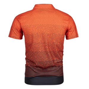 Rear view of men's short sleeve polo shirt featuring orange and black geometric 3D print