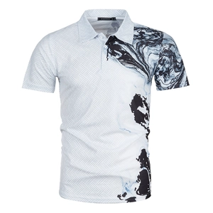 Men's fashion polo shirt featuring artistic black marble 3D print and white geometric pattern