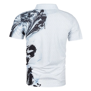 Back view of men's polo shirt with marble flow print and geometric herringbone texture