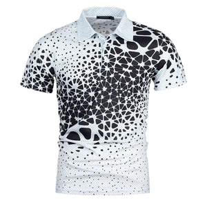 Detailed close-up of 3D geometric printed fabric on a stylish men's breathable polo shirt