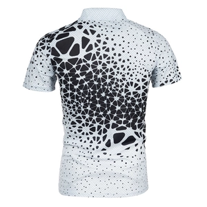 Detailed back view of men's polo shirt featuring modern black geometric 3D pattern print