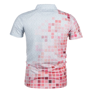 Detail view showing the modern geometric 3D pixel pattern on the back of the men's polo shirt