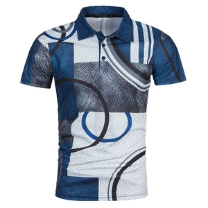 Close-up of geometric 3D print on men's polo shirt showing lapel and button detail