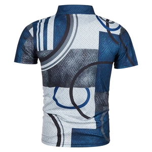 Detailed back view of men's polo shirt featuring geometric blue and grey 3D patterns