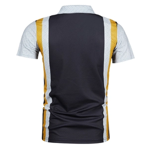 Back view of slim fit polo shirt with yellow stripes and geometric textured side panels