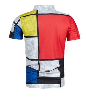 Detail of Mondrian-style geometric 3D print on the back of men's polo shirt