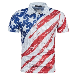 Detail of USA flag themed 3D print and polo collar on white short sleeve men's shirt