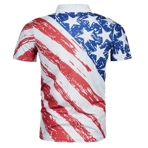 Detail of men's polo shirt with distressed American flag pattern and woven texture