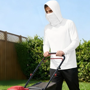 Detail of white men's sun protection jacket with integrated face mask for gardening