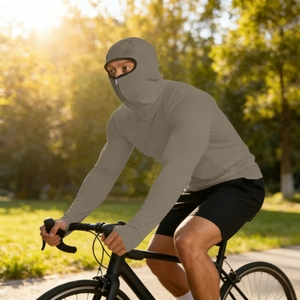 Detail of dark gray ice silk sun protection jacket with hood and thumbholes for cycling