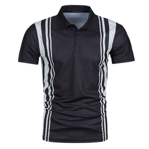 Macro detail of men's polo shirt showing lapel collar and 3D textured vertical stripes