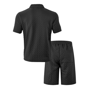 Men's casual black two-piece polo set with textured herringbone pattern and shorts