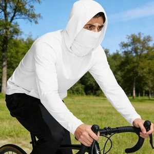 Men's white sun protection jacket featuring integrated face mask for full facial coverage