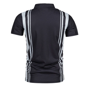 Rear view of black polo shirt featuring vertical white and grey textured geometric stripes
