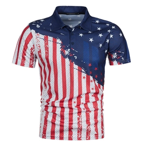 Detail of USA flag pattern on casual polo shirt showing mesh fabric and buttons
