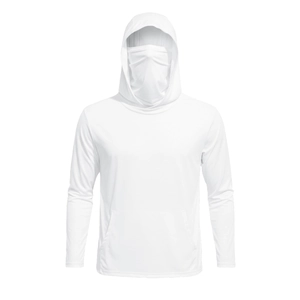 Detail of white outdoor sun protection hoodie featuring built-in face mask and pouch pocket