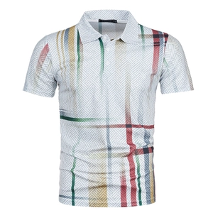 Close-up of multicolored grid 3D print on white men's polo shirt with fine texture