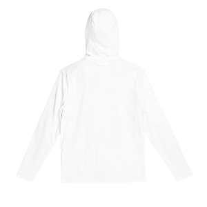 Rear view of white hooded sun protection jacket with breathable ice silk fabric