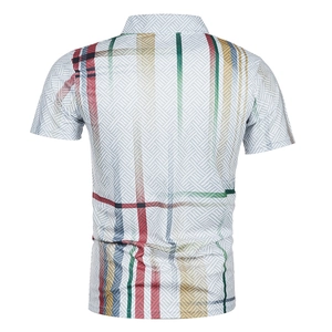 Detail view of the geometric 3D print texture and colorful plaid pattern on the shirt back
