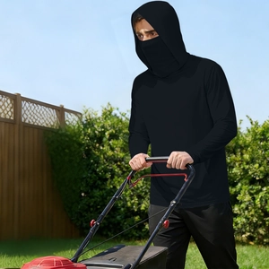 Detail of men's black ice silk UV protection jacket with face mask for gardening