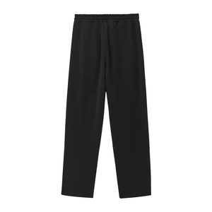 Detail of the elastic ribbed waistband on these black straight-leg casual joggers