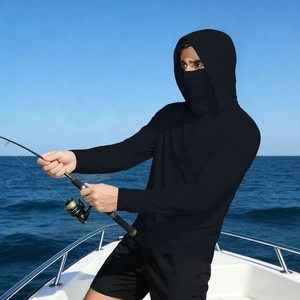 Men's black ice silk cooling fishing jacket with integrated hood and face mask
