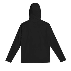 Back view of men's black hooded sun protection jacket in ice silk breathable fabric
