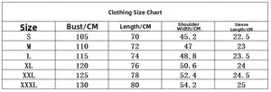 Detailed size chart for loose fit Paris print T-shirt from S to 3XL with measurements
