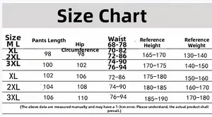 Detailed size chart for men's outdoor sport suit with length and waist measurements