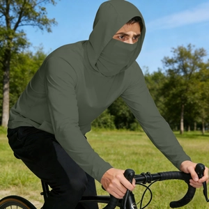 Detail of outdoor sun protection hoodie with integrated face mask for cycling