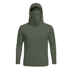 Detail of army green sun protection jacket with integrated face mask and hood