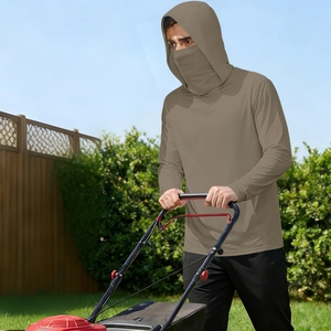 Men's taupe sun protection hoodie with integrated face mask for outdoor gardening use