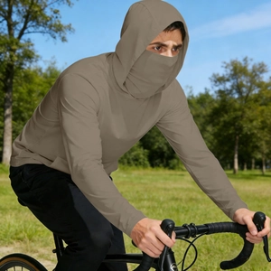 Close-up of khaki sun protection jacket featuring integrated face mask for facial coverage