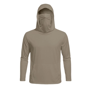 Detail view of khaki sun protection jacket with integrated face mask and hood for hiking