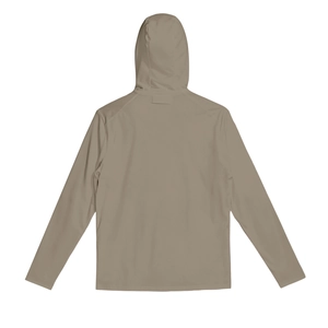 Rear view of men's taupe sun protection jacket showing hooded design and raglan sleeves