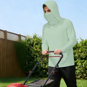 Detailed view of mint green sun protection jacket with integrated face mask and hood