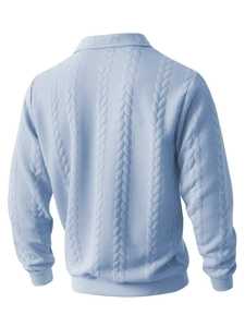 Detailed back view of a men's light blue cable-knit zip sweater with ribbed collar and cuffs