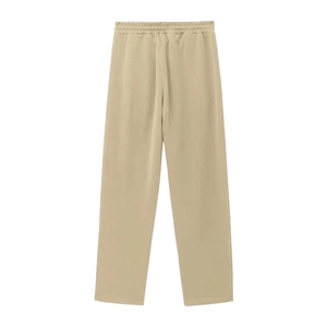 Close-up of khaki joggers featuring an elastic waistband and straight-cut casual fit