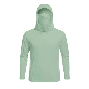 Detail of light green sun protection jacket featuring integrated face mask and hood