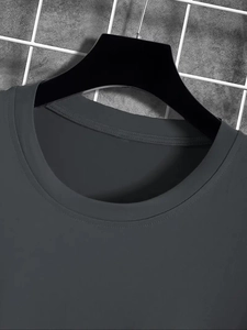 Detail view of the charcoal grey crew neck t-shirt showing shoulder stitching and fabric texture