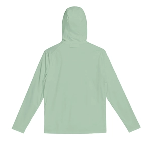 Back view of a lightweight sage green sun protection hoodie with breathable fabric