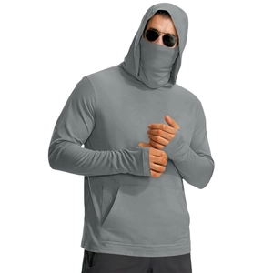 Detail of dark grey sun protection hoodie with integrated face mask and thumb holes for men